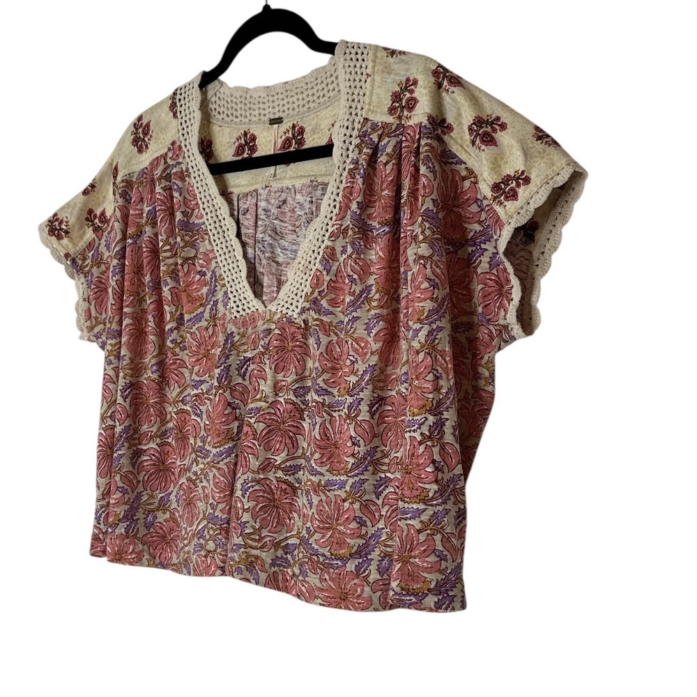 Free People Top Women Médium Floral Crochet Short Sleeve Crop Bohemian‎ Fairy - Picture 10 of 11